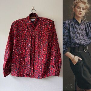 Red floral‎ vintage 90s long sleeve blouse size 10 P